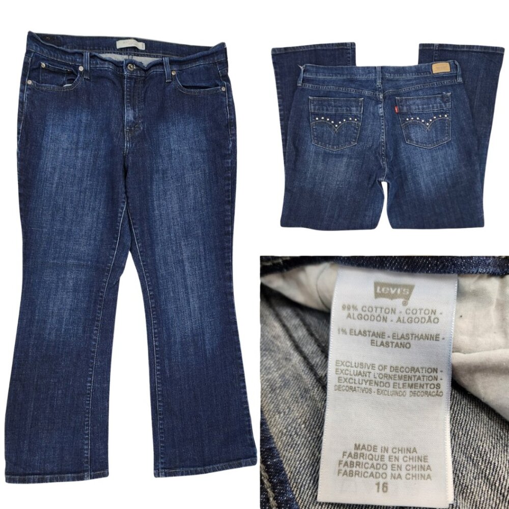 Levis 515 Boot Cut Womens 16 36x28 Dark Indigo Blue Wash Studded Denim Jeans
